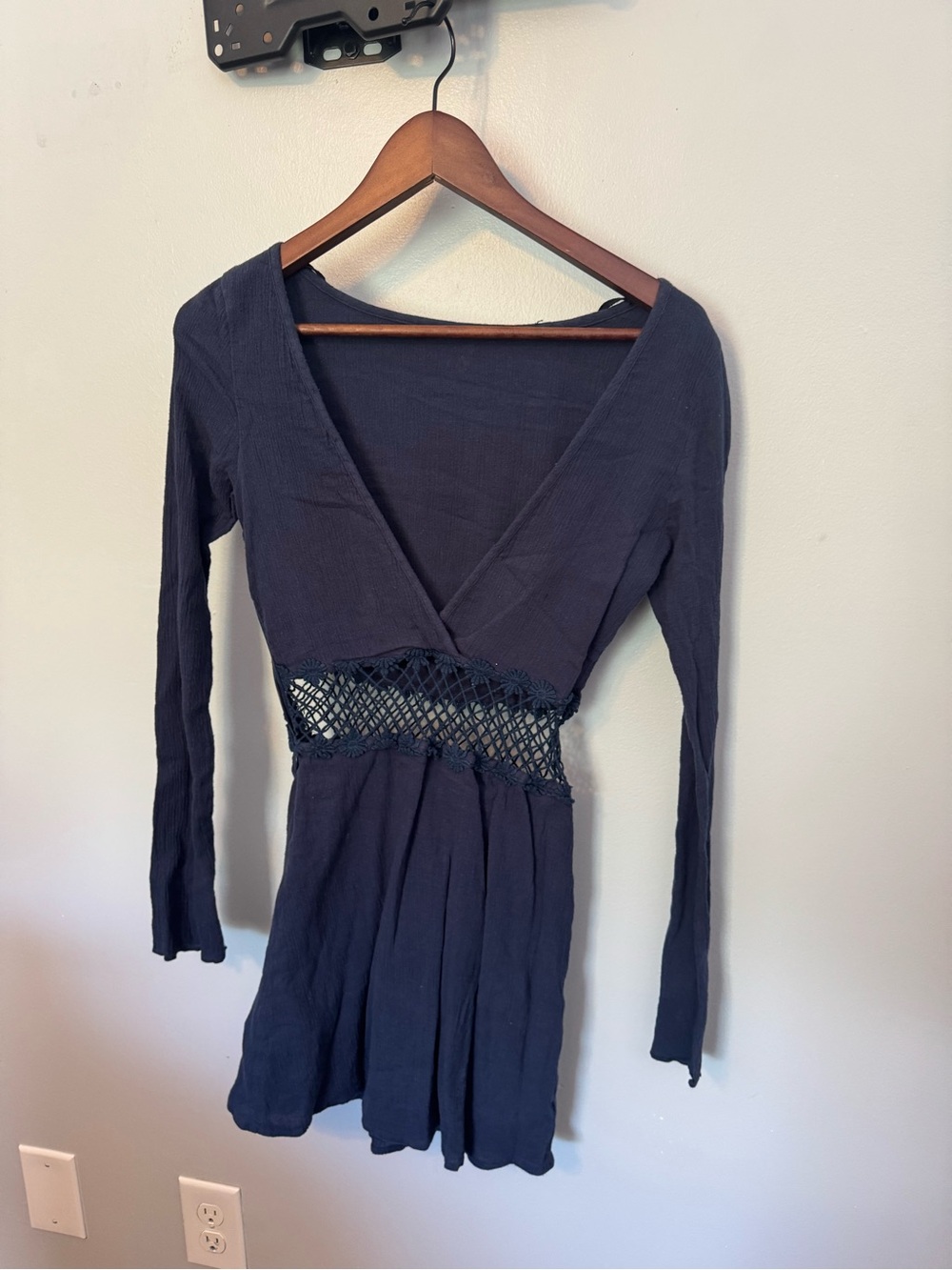 Free People Deep Navy Long Sleeve V-Neck Tunic Dress with Crochet Waist